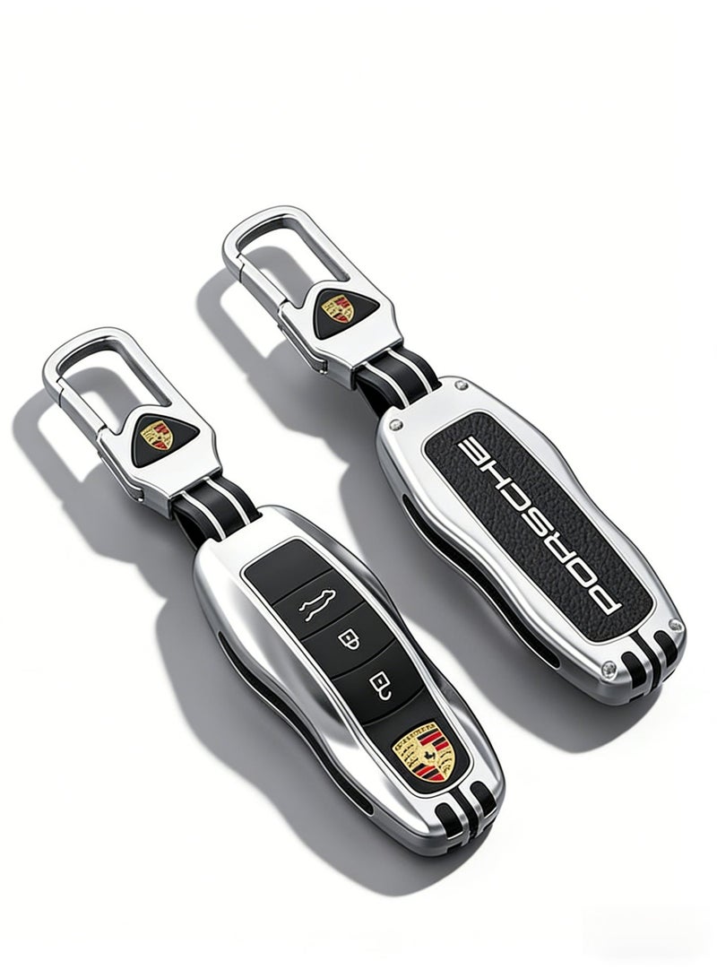 Porsche Silver & Black Premium Key Fob Case with Leather Strap & Logo Keychain – Compatible with Porsche Cayenne, Panamera, 911, 718 Models (please purchase according to your own key style) - Image 4